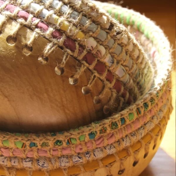 Handmade wooden bowl with crochet